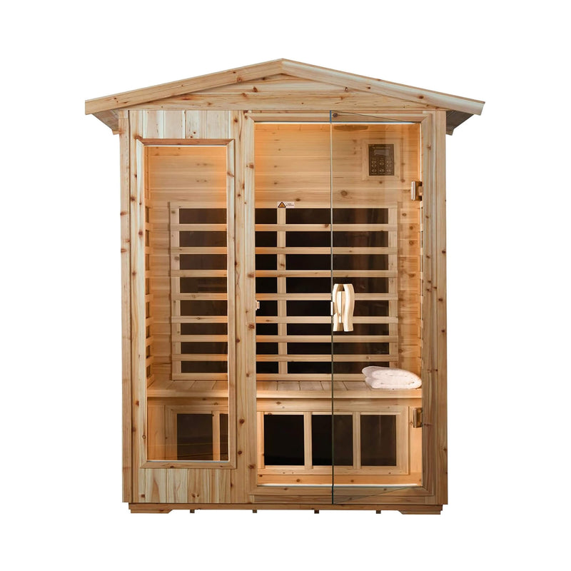 SAKSBY Wholesale Thermora Zorin 2-person indoor outdoor sauna with Hemlock wood, low EMF FAR-infrared, front view.