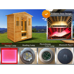 SAKSBY WHOLESALE Thermora Kora Deluxe 3-person outdoor infrared sauna with full spectrum, Bluetooth speakers, and LED reading light.
