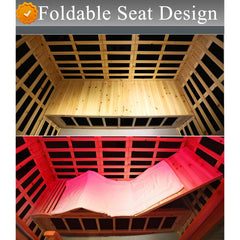 SAKSBY WHOLESALE Thermora Kora Deluxe 3-person outdoor infrared sauna with foldable seats, Bluetooth speakers, and LED reading light.