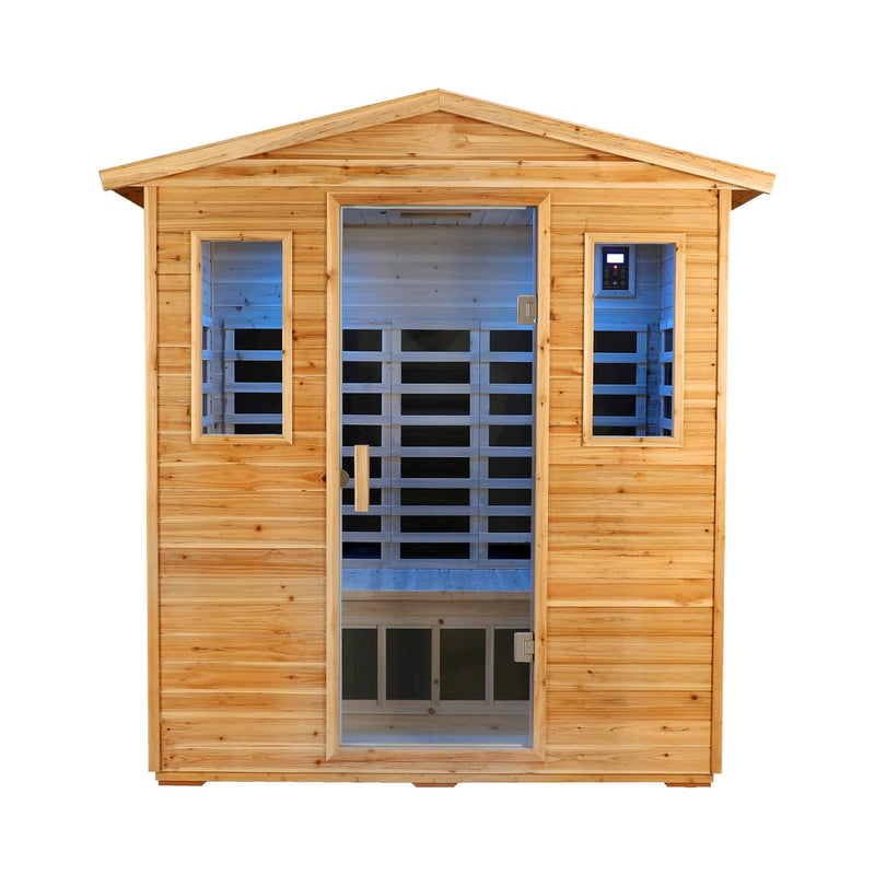 SAKSBY WHOLESALE Thermora Kora Deluxe 3-person outdoor infrared home sauna with full spectrum lighting, Bluetooth speakers, and LED light.