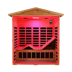 Inside view of SAKSBY WHOLESALE Thermora Kora Deluxe 3-Person Outdoor Infrared Sauna with Bluetooth speakers and LED reading light.