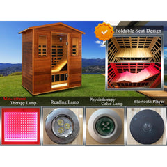 SAKSBY WHOLESALE Thermora Vanta 3-person outdoor mahogany infrared sauna with full spectrum, chromotherapy, and Bluetooth speakers.