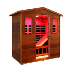 SAKSBY WHOLESALE Thermora Vanta 3-person outdoor mahogany infrared sauna with full spectrum, chromotherapy, and Bluetooth speakers.