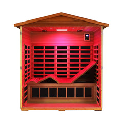 Inside view of SAKSBY WHOLESALE Thermora Vanta 3-Person Outdoor Mahogany Infrared Sauna with chromotherapy and Bluetooth speakers.
