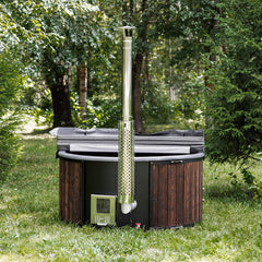Front view of SAKSBY WHOLESALE premium 4-person fully-assembled ThermoWood wood-fired hot tub in a backyard setting.
