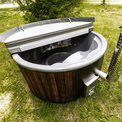 Top view of SAKSBY WHOLESALE premium 4-person fully-assembled ThermoWood wood-fired hot tub showing wooden panels and seating.