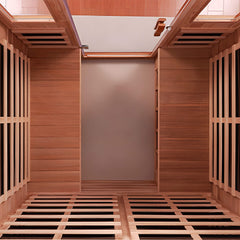 Indoor 4-person SAKS BY WHOLESALE infrared home sauna with low EMF, Bluetooth audio, and 2050W power, viewed from the floor.