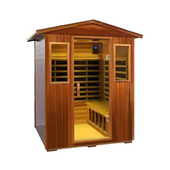 SAKS BY WHOLESALE Thermoa Valois 4-person outdoor infrared home sauna with low EMF, Bluetooth audio, front-right view