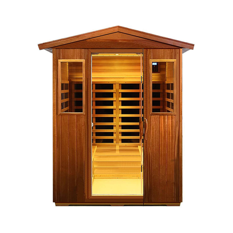 SAKS BY WHOLESALE Thermoa Valois 4-Person Infrared Sauna with Bluetooth, low EMF, outdoor luxury home sauna, front view.