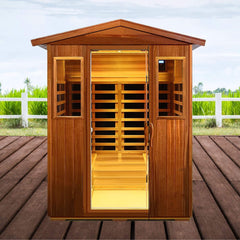 SAKS BY WHOLESALE Thermoa Valois 4-Person Infrared Sauna with Bluetooth, low EMF, outdoor design, and 2050W heating element.