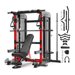 Front view of SAKSBY WHOLESALE all-in-one squat rack and power cage with smith machine, includes various workout parts, suitable for home gym.