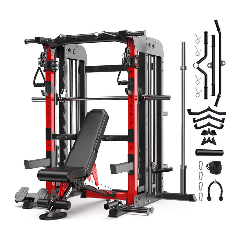 Front view of SAKSBY WHOLESALE all-in-one squat rack and power cage with smith machine, includes various workout parts, suitable for home gym.