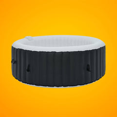 SAKSBY WHOLESALE 6-person inflatable hot tub with yellow exterior and 130 jets, featuring a front view against a yellow background.