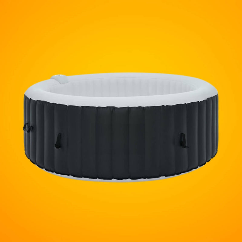 SAKSBY WHOLESALE 6-person inflatable hot tub with yellow exterior and 130 jets, featuring a front view against a yellow background.