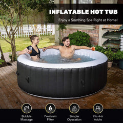 Lifestyle view of SAKSBY WHOLESALE Premium Blow-Up 6-Person Hot Tub with 130 jets and 7ft diameter, featuring two people relaxing inside.