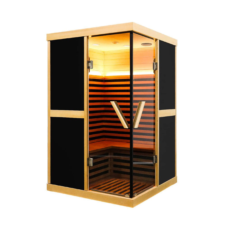 SAKSBY WHOLESALE Thermora Helix Premium Large 2-Person V-Shaped FAR Infrared Sauna Room with double glass doors and 1980W power.