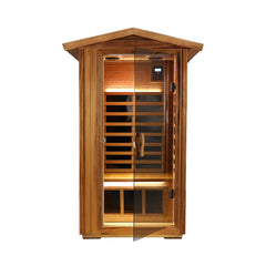 SAKSBY WHOLESALE Thermora Xyra premium 1-person outdoor red cedar infrared sauna with glass door and Bluetooth on white background