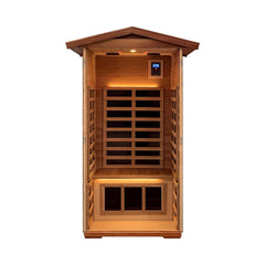 SAKSBY WHOLESALE Thermora Xyra premium outdoor red cedar infrared sauna for one person with chromotherapy and Bluetooth, inside view.