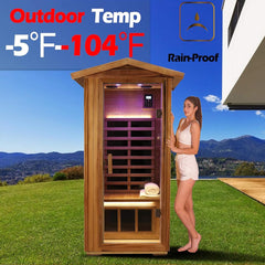 SAKSBY WHOLESALE Thermora Xyra premium outdoor red cedar infrared sauna for one person with chromotherapy and Bluetooth features.