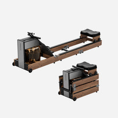 WalkingPad WM10 Tri-fold Water Rowing Machine shown in open and closed positions, featuring a compact design with a walnut finish.