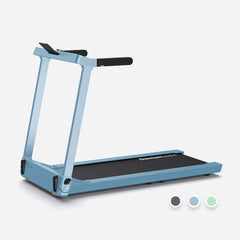 Blue WalkingPad Denise Austin 2.0 foldable treadmill with digital display and safety handrails, compact design for home use.