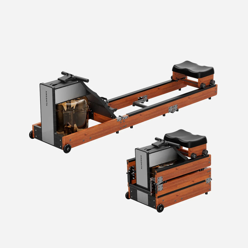 WalkingPad WM10 Tri-fold Water Rowing Machine folded and open, showcasing compact storage and sturdy rowing design.