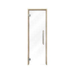 SAKSBY WHOLESALE Prosaunas Aspen 24x81-inch prehung clear glass sauna door, front view showing sleek frame and glass panel.