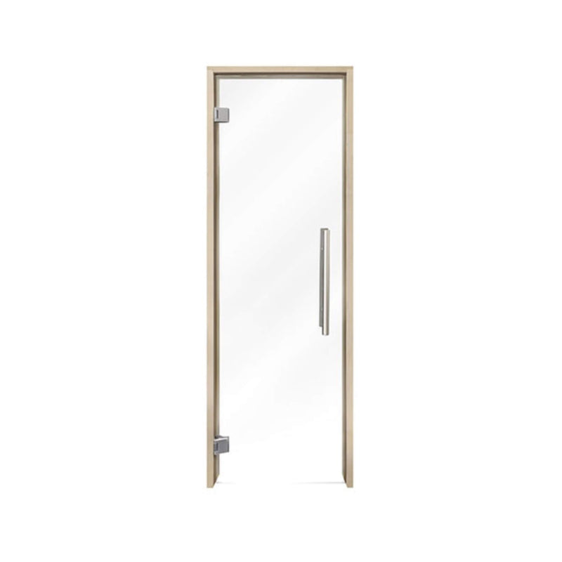 SAKSBY WHOLESALE Prosaunas Aspen 24x81-inch prehung clear glass sauna door, front view showing sleek frame and glass panel.