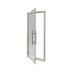 SAKSBY WHOLESALE Prosaunas Aspen 24x73 inch prehung tinted glass sauna door, right view with handle and frame details
