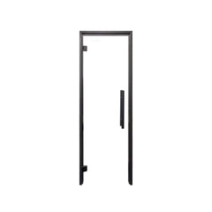 Prosaunas black alder clear glass sauna door by SAKSBY WHOLESALE, front view showing black frame and transparent glass panel.