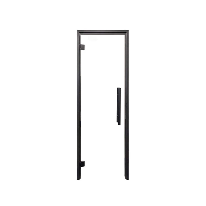 Prosaunas black alder clear glass sauna door by SAKSBY WHOLESALE, front view showing black frame and transparent glass panel.