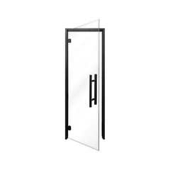 Black alder sauna door by SAKSBY WHOLESALE featuring clear glass and right-hand opening for Prosaunas sauna models.