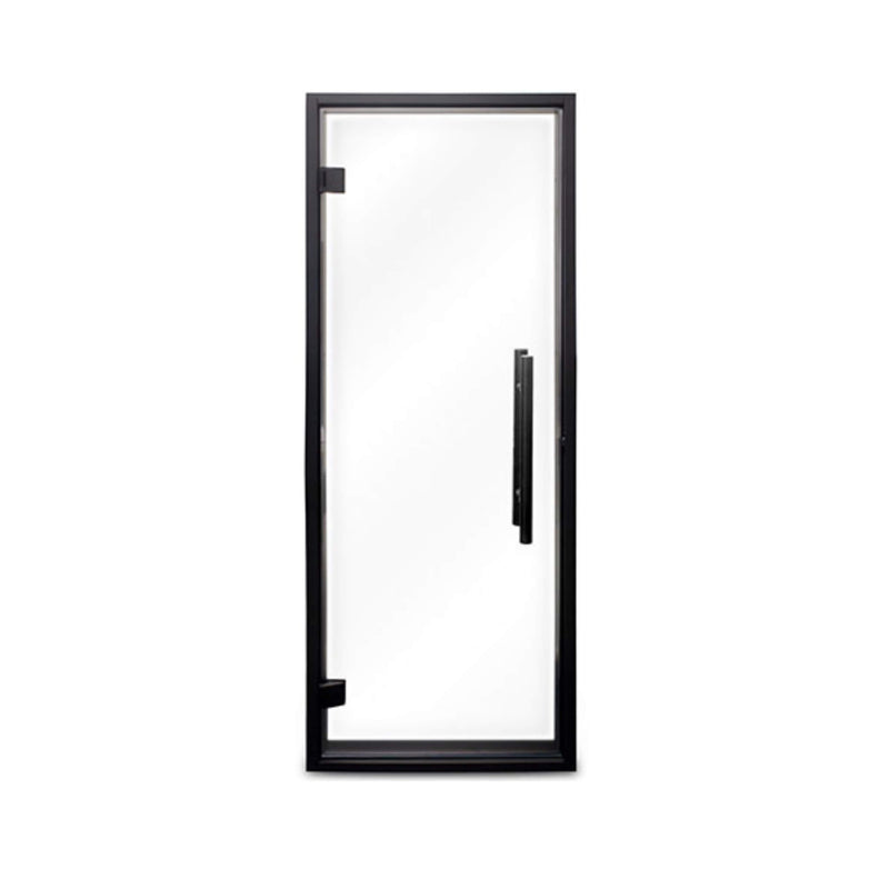 Prosaunas Black Alder 24x73 inch prehung sauna door with clear glass, front view, by SAKSBY WHOLESALE.
