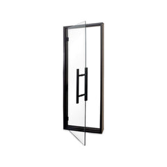 Open left view of Prosaunas 24x73 black alder prehung sauna door with clear glass by SAKSBY WHOLESALE
