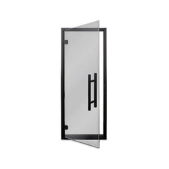 Prosaunas 24x73 black alder prehung sauna door with tinted glass by SAKSBY WHOLESALE, open showing hinges and interior view
