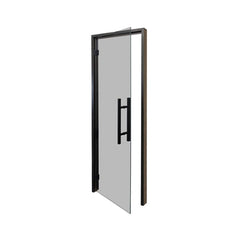 Black Alder glass sauna door by SAKSBY WHOLESALE, 24x81 inch with tinted glass, right-hand view in a sauna setting.