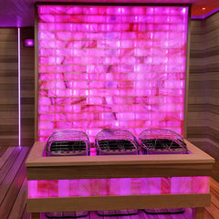 SAKSBY WHOLESALE Himalayan Salt Sauna Wall Kit with pink salt bricks designed for customizable sauna interiors.