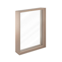 Large framed dual-pane clear glass sauna window with hemock frame by SAKSBY WHOLESALE, front-right view.