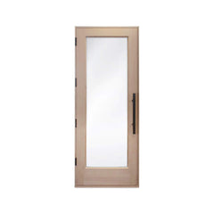 SAKSBY WHOLESALE Prosaunas solid wood sauna door with insulated glass, 31.5x81.5 inches, front view showing wood frame and glass panel.