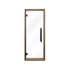 SAKSBY WHOLESALE Prosaunas 24x73 Thermo-Aspen prehung clear glass sauna door with metal handle and frame, front view.