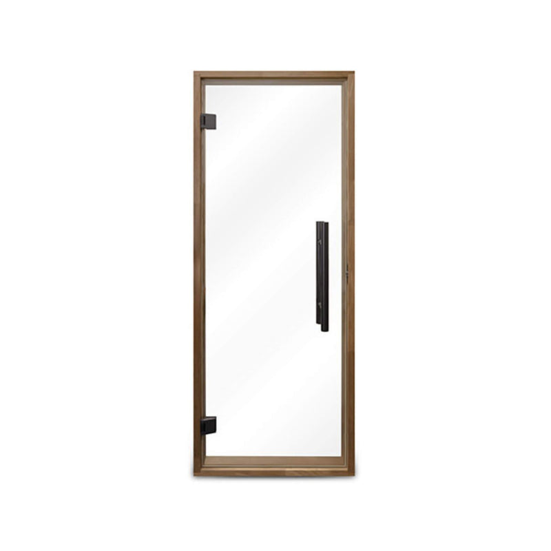 SAKSBY WHOLESALE Prosaunas 24x73 Thermo-Aspen prehung clear glass sauna door with metal handle and frame, front view.