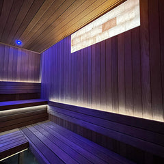 SAKSBY WHOLESALE Prosaunas Himalayan Salt Sauna Light Kit mounted on wall with white LED, designed for Himalayan salt saunas.