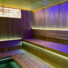 SAKSBY WHOLESALE Prosaunas Himalayan Salt Sauna Light Kit with white LED, mounted on wall, right-side view of sauna lighting fixture