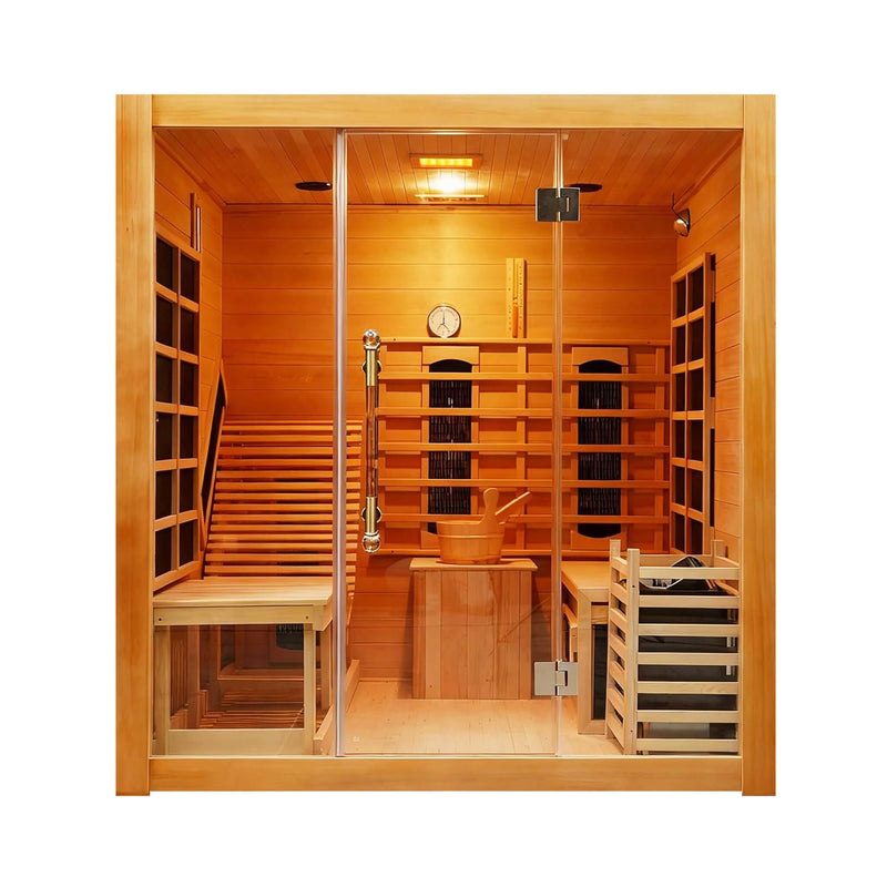 Rövia Oasis 3-person indoor hybrid sauna by SAKSBY WHOLESALE with built-in lounge chair, viewed from the front on a white background.