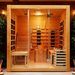 Rövia Oasis 3-person indoor hybrid sauna room by SAKSBY WHOLESALE with built-in lounge chair and modern design.