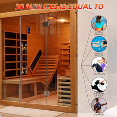 Rövia Oasis 3-person indoor hybrid sauna room with built-in lounge chair by SAKSBY WHOLESALE, showcasing the sauna interior.