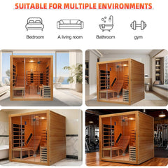 Rövia Oasis 3-person indoor hybrid sauna room by SAKSBY WHOLESALE with built-in lounge chair, designed for home wellness.