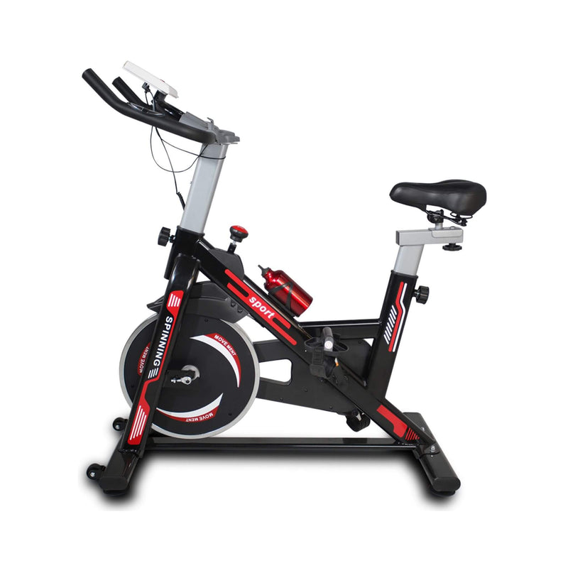 Side view of Rovix indoor exercise spin bike by Saksby Wholesale with a cushioned seat and adjustable handlebars.