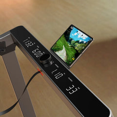 WalkingPad Denise Austin foldable treadmill with console and phone holder, designed for home fitness and easy storage.
