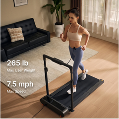 WalkingPad R3 Hybrid foldable walking treadmill in a living room setting, showcasing its compact design and sleek appearance.